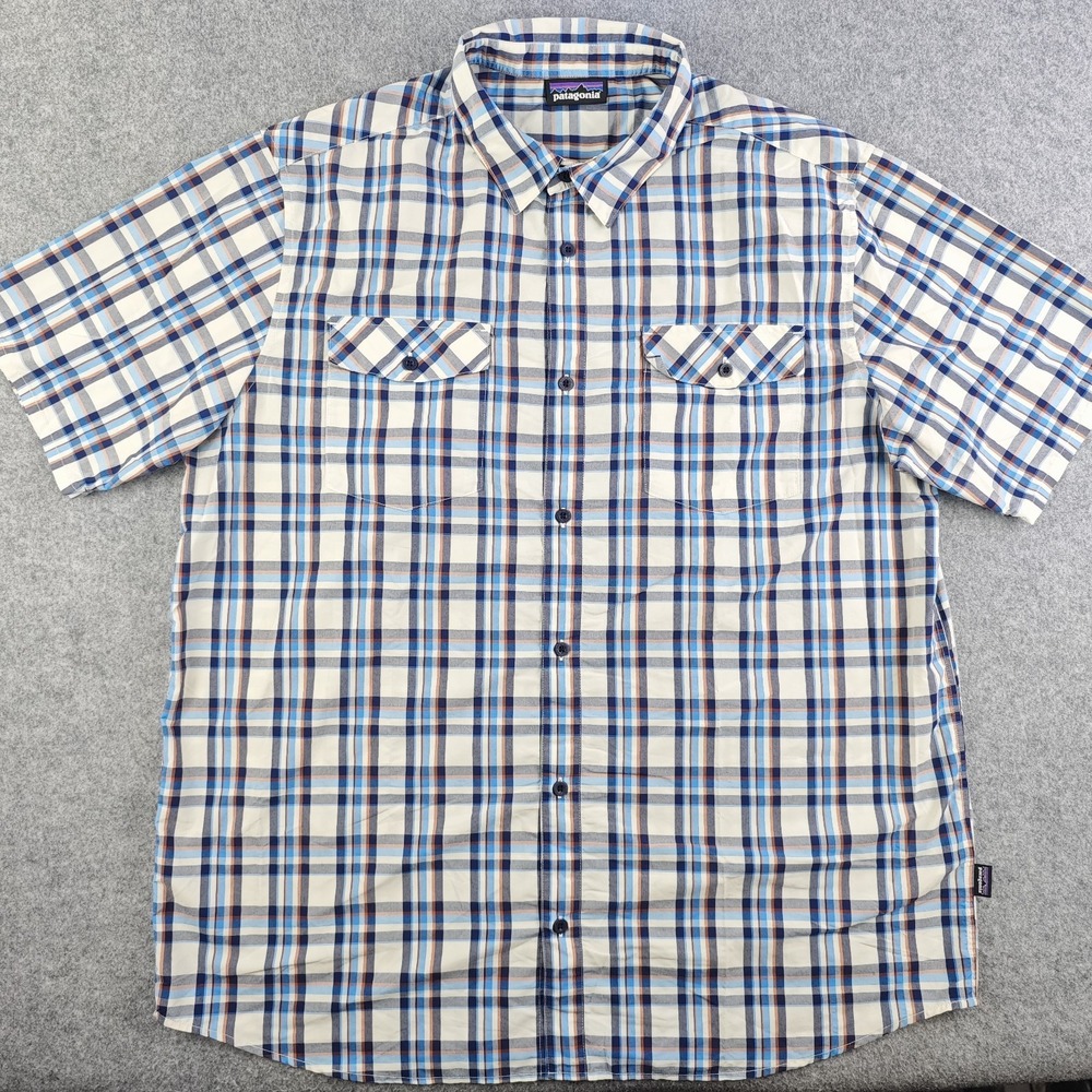 Patagonia Shirt Mens XL Gray Blue Plaid Shirt Sleeve Nylon Polyester Blend